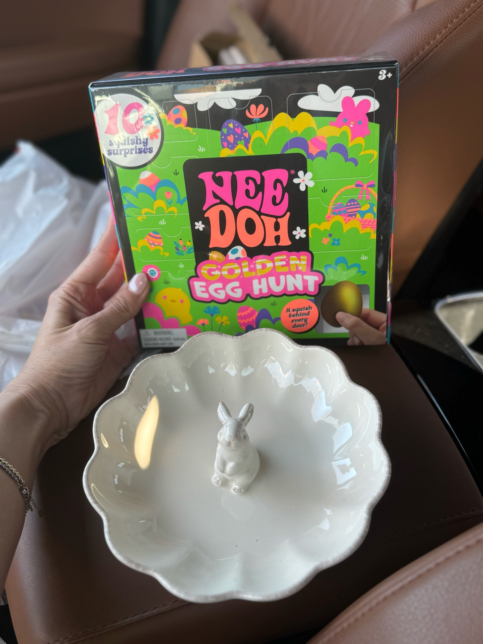 I just got the cutest Easter goodies. This little bunny candy tray will be so cute with Cadbury mini eggs, and this golden egg hunt has 10 Nee Doh squishy toys, great in candy for an Easter basket! 