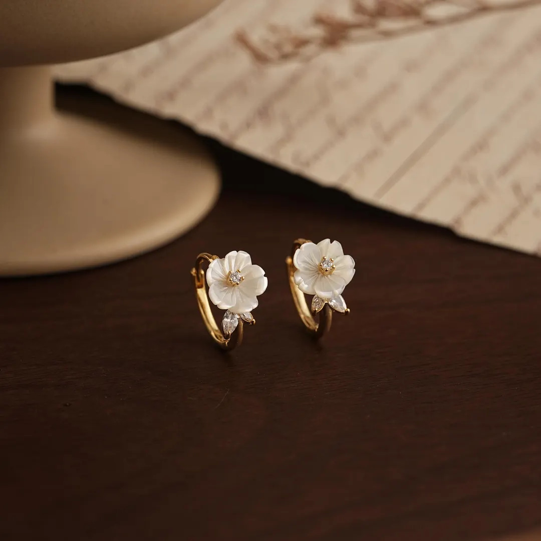 Mother of Pearl Flower Hoop Earrings,Dainty Floral Pearl Hoop Earrings,Gold Huggie Earrings,Brida... | Etsy (Global)