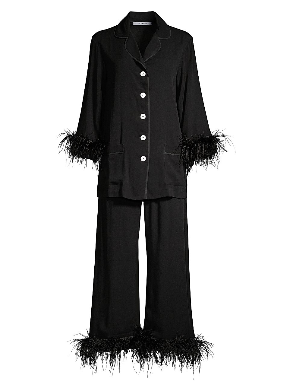 Sleeper 2-Piece Black Tie Feather Trim Pajama Set | Saks Fifth Avenue