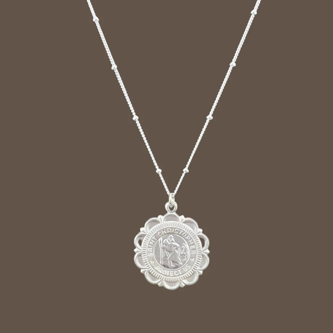 Saint Christopher Scalloped Necklace, Sterling Silver, Medallion Necklace, Silver Coin, Travelers... | Etsy (US)