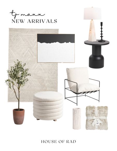 Tj Maxx New Arrivals
Living room decor
Neutral home decor
Black and white decor
Upholstered stool
Faux olive tree
Black side table
Black and white side chairs
Armchair
Accent chair
Black and white abstract wall art neutral area rug 
White table lamp
Black candle stick holder.
Throw blanket
White vase


#LTKunder50 #LTKhome