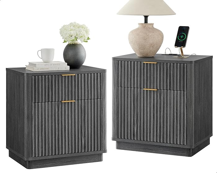 T4TREAM 23'' Fluted Nightstand Set of 2 with Charging Station, Large 2 Drawer Side Table, Modern ... | Amazon (US)