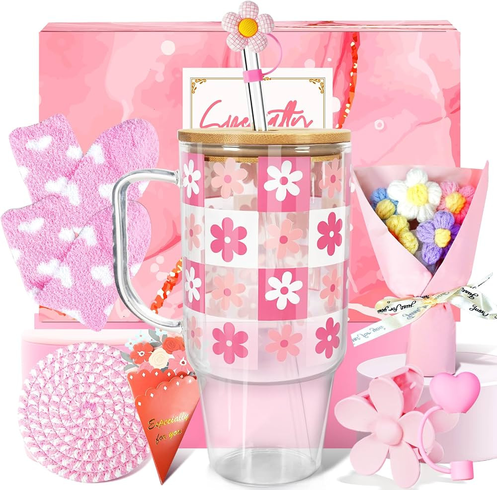 ANOTION Birthday Gifts for Women - Coquette Valentines Day Gift Basket for Her, Glass Cup with Ha... | Amazon (US)