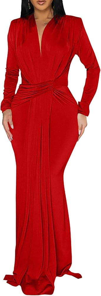 Memoriesea Women's Elegant Long Sleeve Deep V Neck Bodycon Party Evening Gown Maxi Dress | Amazon (US)