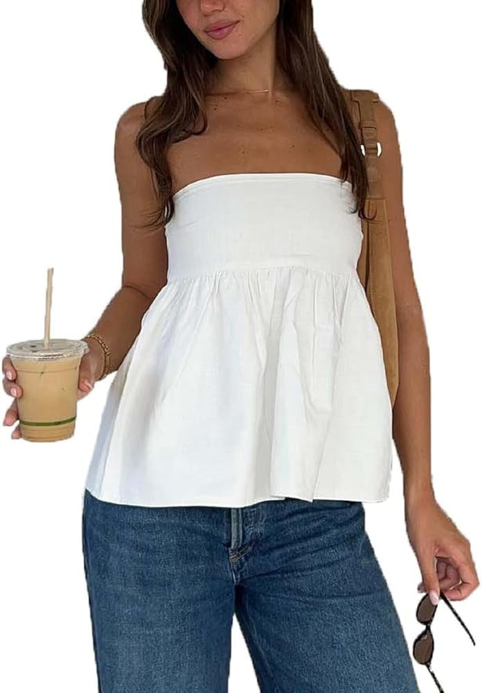 Women Strapless Peplum Top Y2k Floral Tube Tops Ruffle Hem Babydoll Summer Going Out Bandeau Top | Amazon (US)