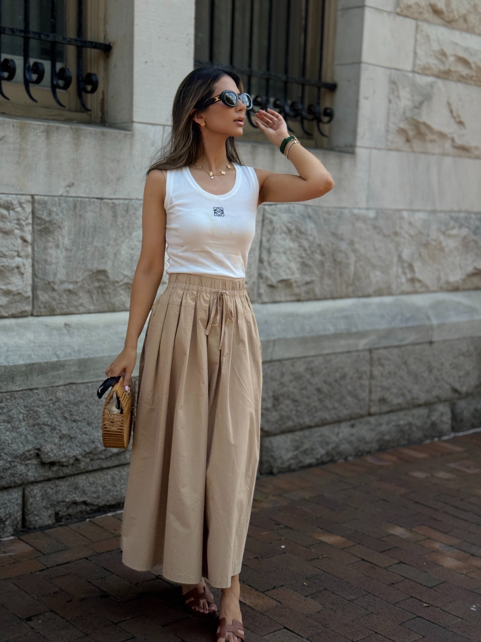 Tank top - size xs 
Skirt - size xs 
Bag - linked 
Shoes - Hermes Oasis 
Sunglasses - linked 

#LTKSeasonal #LTKPetite #LTKStyleTip