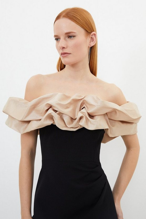 Structured Crepe Taffeta Ruffle Bardot Maxi Dress | Karen Millen UK + IE + DE + NL