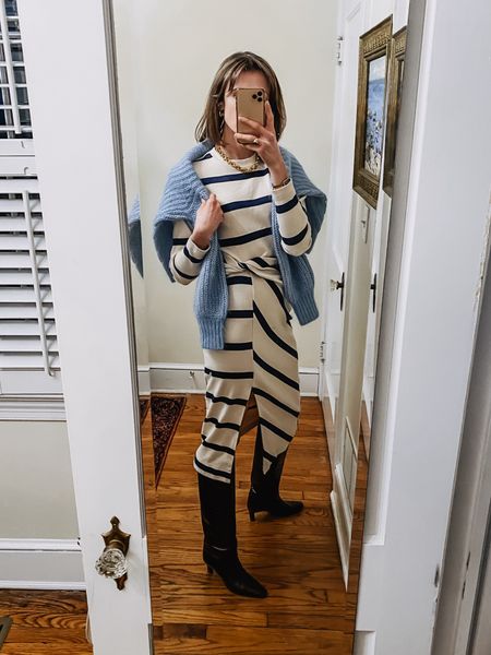 A big chunky sweater always doubles as a shawl and looks so cute with a comfy striped dress like this one! 

#LTKstyletip #LTKover40 #LTKworkwear