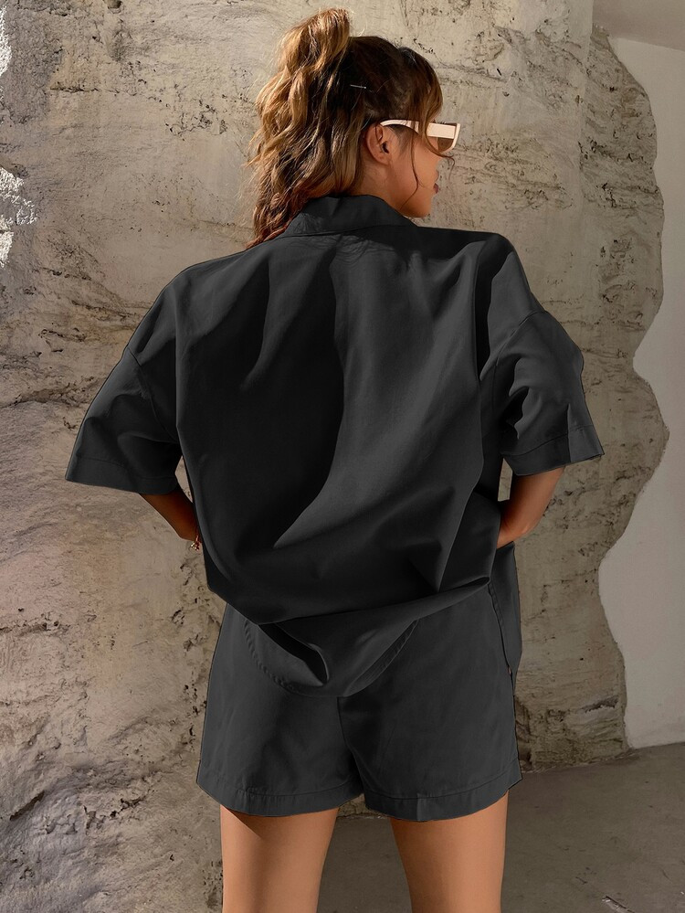 Solid Button Through Top & Shorts Set | SHEIN