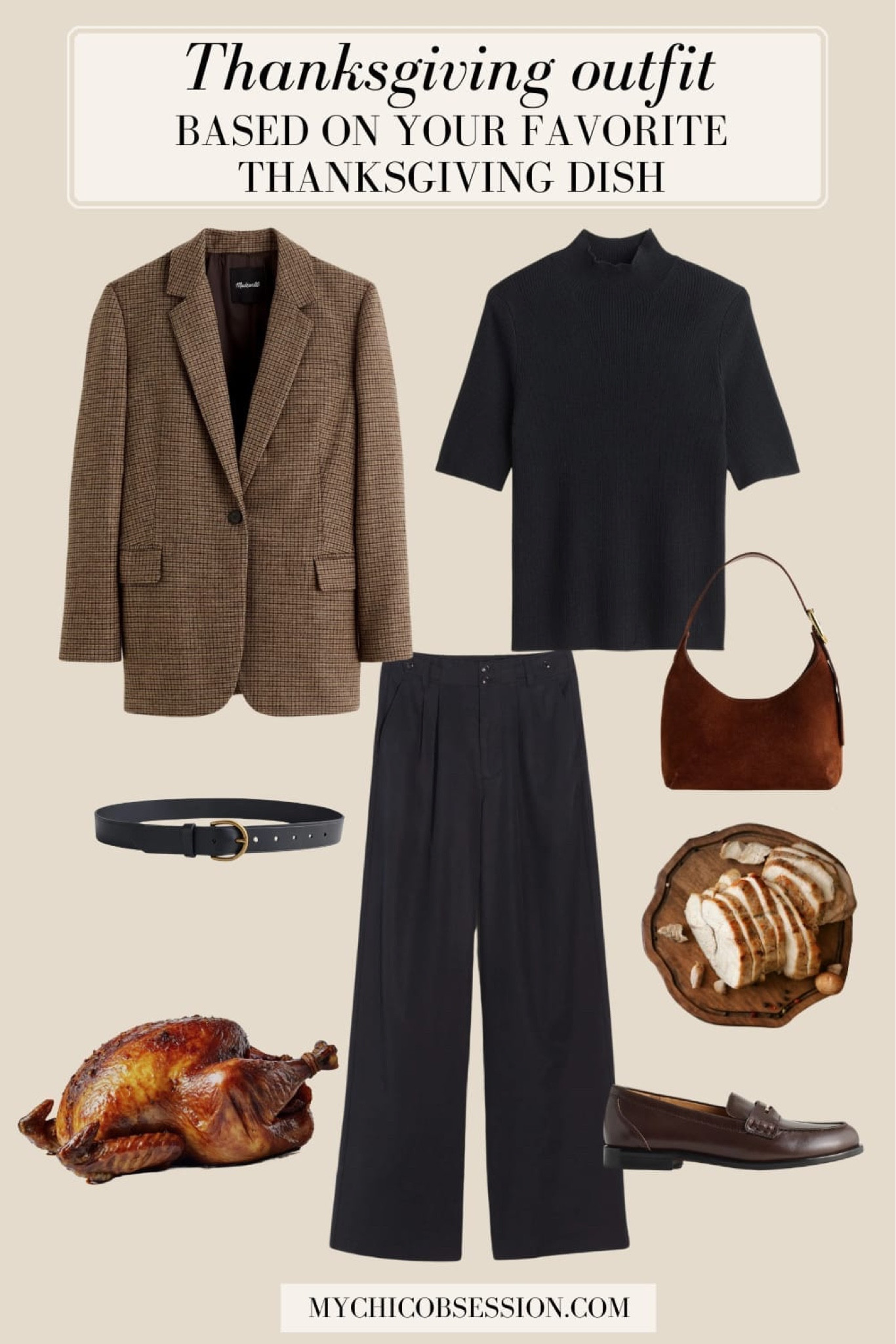 Channel the essence of the Thanksgiving turkey with an outfit that’s as classic and timeless as the dish itself. A sharp brown wool check blazer is the perfect thing here – timeless and preppy, anyone? Layer it over a sleek black turtleneck for a look that’s effortlessly chic and versatile. Wide-leg pants in a solid color, like black, offer a classic and polished base.

#LTKSeasonal #LTKHoliday #LTKStyleTip