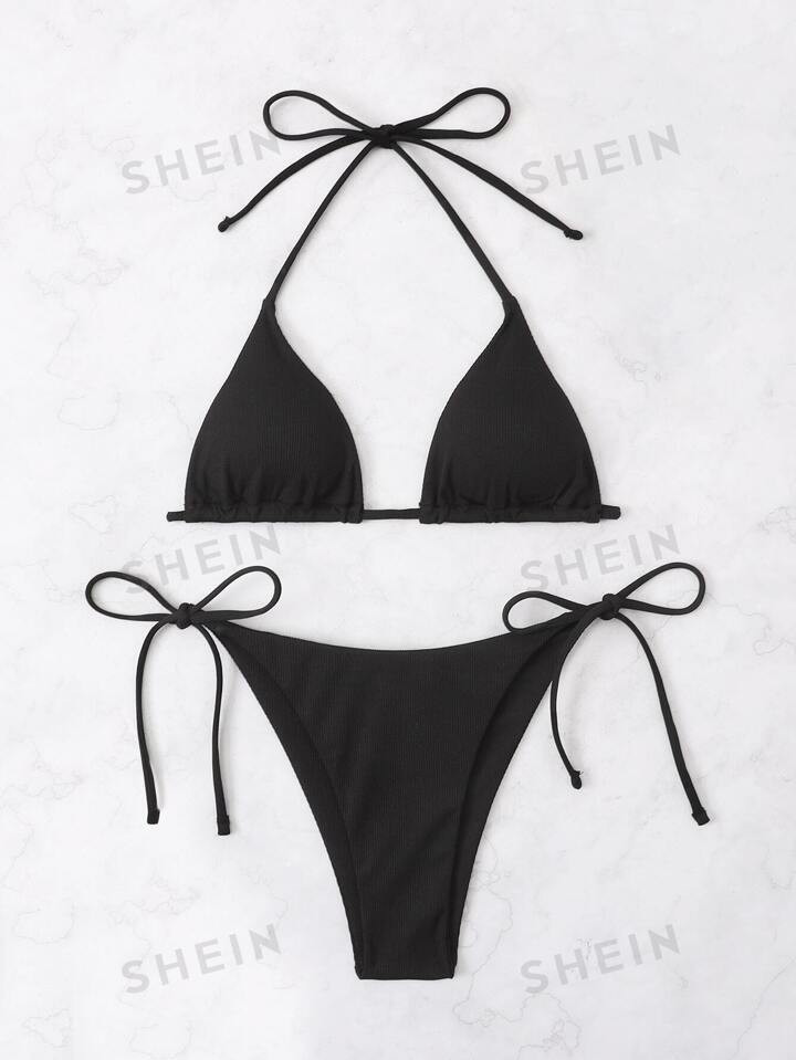 SHEIN Swim Mono Bikini Set Halter Triangle Bra & Tie Side Bottom 2 Piece Swimsuit | SHEIN