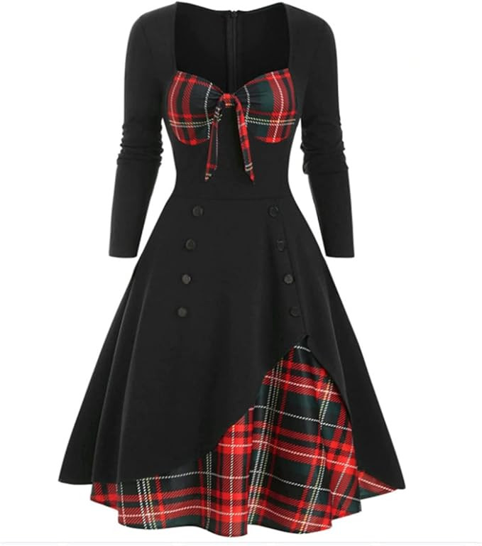 Plaid Dress for Women Christmas Bowknot Patchwork Dresses Casual Party Plus Size Zipper | Amazon (US)