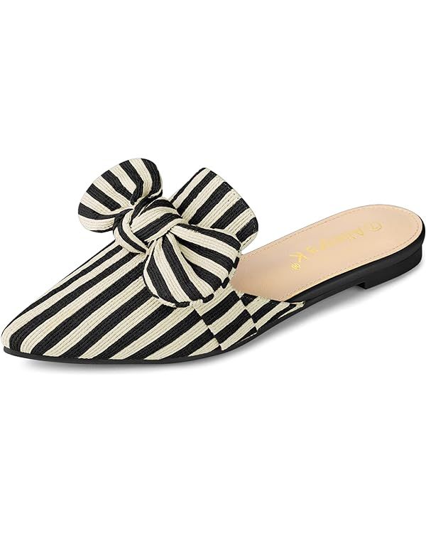 Allegra K Women's Pointed Toe Slip on Flat Stripe Bow Slides Mules | Amazon (US)