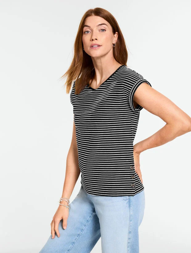 Jacquard Side Button Tee - Katie Stripe | Talbots