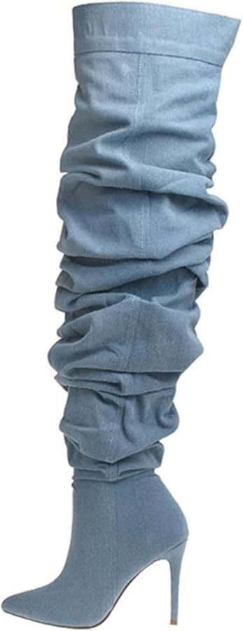 THESHY Women's Slouchy Over The Knee Boots Denim Pointed Toe Stiletto Heel Thigh High Boots Pleat... | Amazon (US)