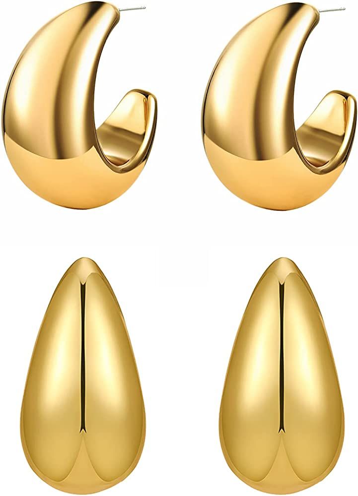 Chunky Gold Stud Half Hoop Earrings, 2 Pairs Long Waterdrop Earrings for Women Open Hoop with 14K... | Amazon (US)