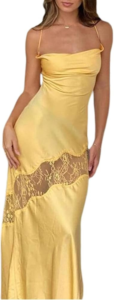 Women Satin Cut Out Long Dress Slim Sleeveless Spaghetti Strap Backless Maxi Dress Elegant Cockta... | Amazon (US)