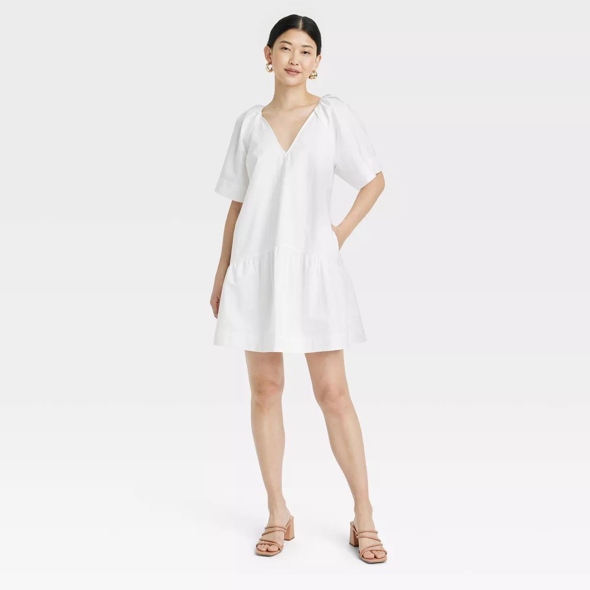 Women's Flutter Short Sleeve Mini Poplin Dress - A New Day™ White L | Target