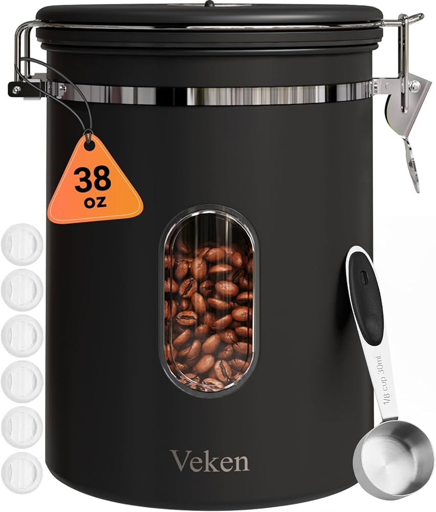 Veken 38oz Large Coffee Canister with Window, Airtight Stainless Steel, Kitchen Food Storage Cont... | Amazon (US)