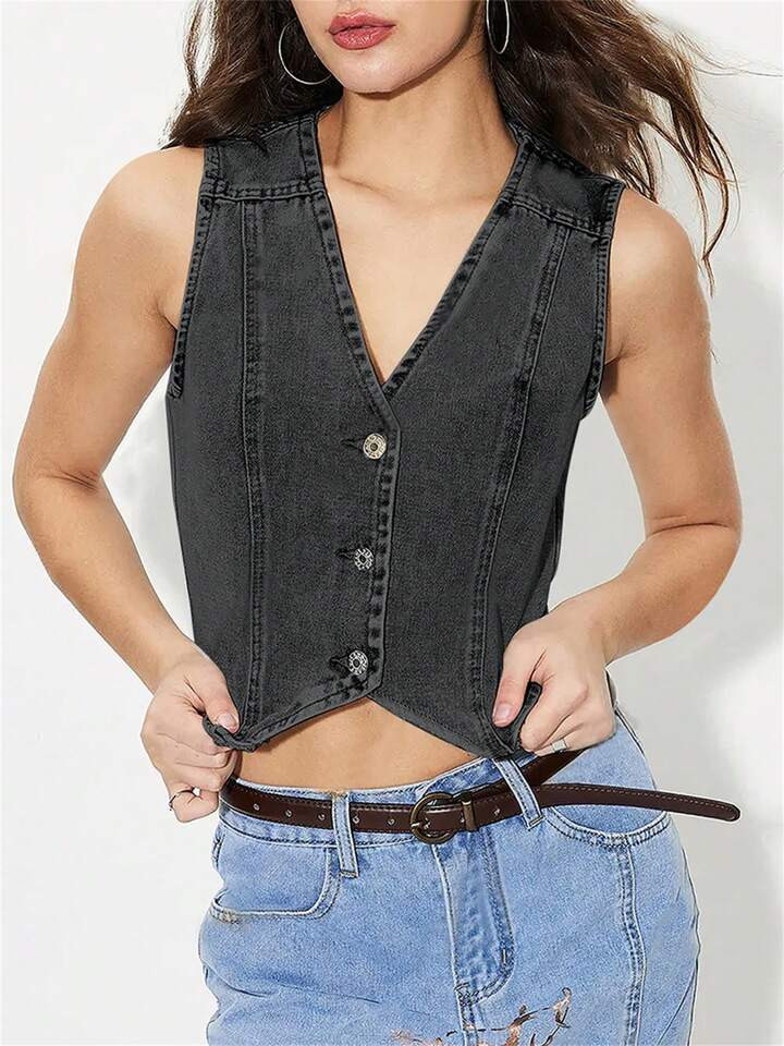 Women Denim Vest, Sleeveless V Neck Button Vest Solid Outwear Gilet For Casual Street | SHEIN