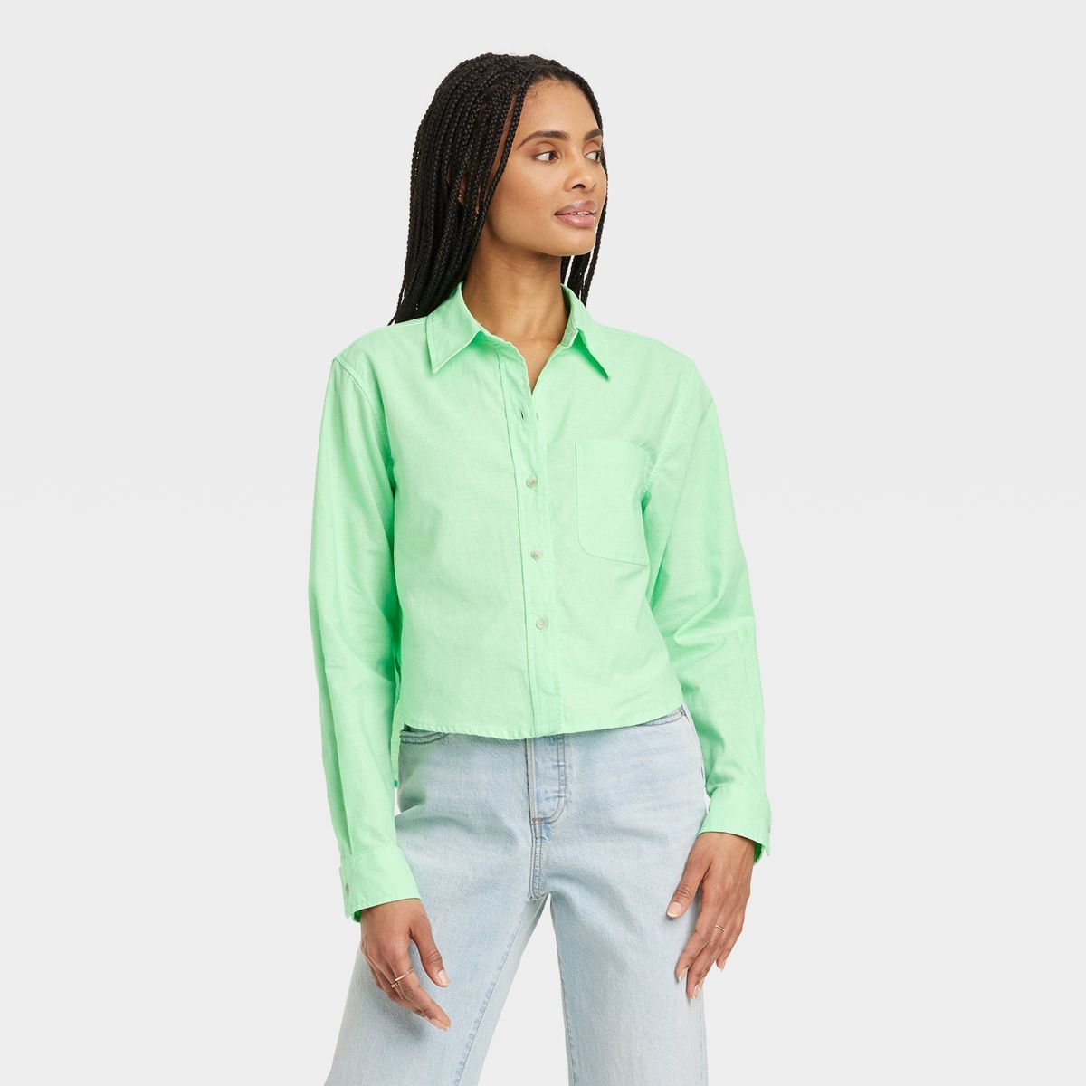 Women's Long Sleeve Collared Button-Down Shirt - Universal Thread™ Green M | Target