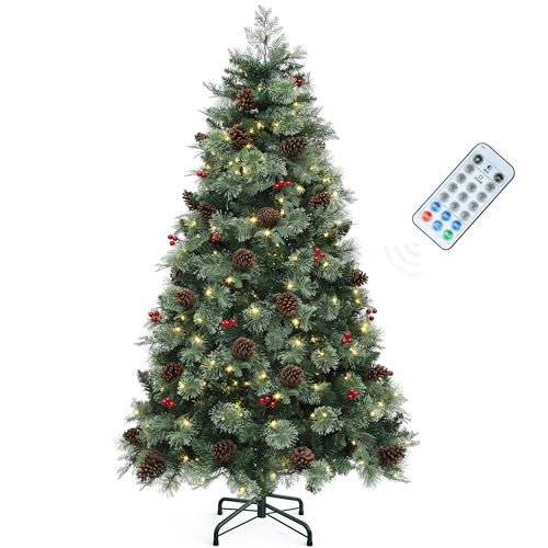 YITAHOME 7.5ft Prelit Carolina Pine Christmas Tree with Remote, Artificial Green Hinged Christmas Tree w/ 1200 Mixed Tips, Pine Needles, 45 Pinecones, 48 Red Berries, 400 Lights & 11 Modes | Amazon (US)