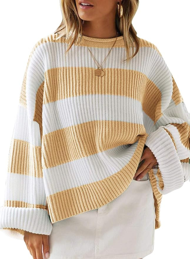 ZESICA Women's Long Sleeve Crew Neck Striped Color Block Comfy Loose Oversized Knitted Pullover S... | Amazon (US)