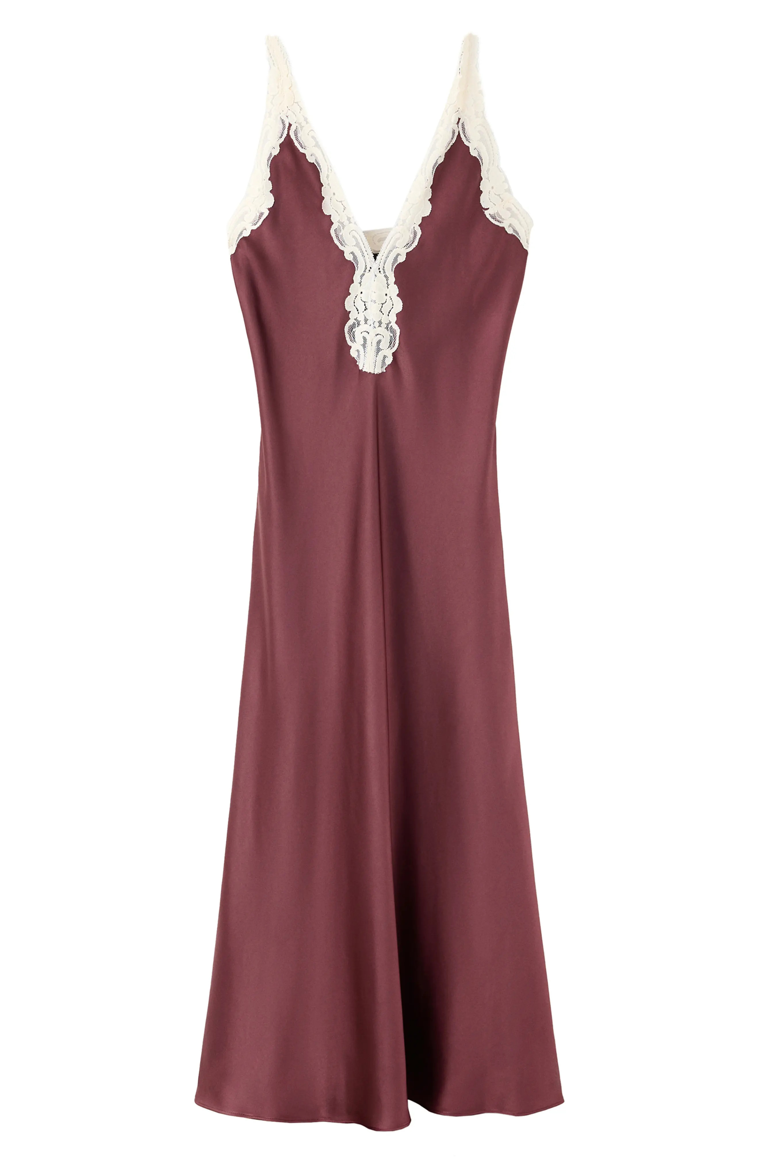 MANGO Lace Trim Satin Slipdress in Maroon at Nordstrom, Size 6 | Nordstrom