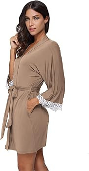 Women's Kimono Robe Soft Short Modal Cotton Bathrobe for Bride and Bridesmaid with Lace Trim | Amazon (US)