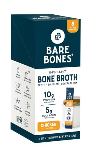 Bare Bones Chicken Bone Broth Instant Powdered Mix | Rich Savory Packets on-the-Go No Artificial Flavors | Keto & Paleo Friendly | 10g Protein | 8 Pack | Amazon (US)