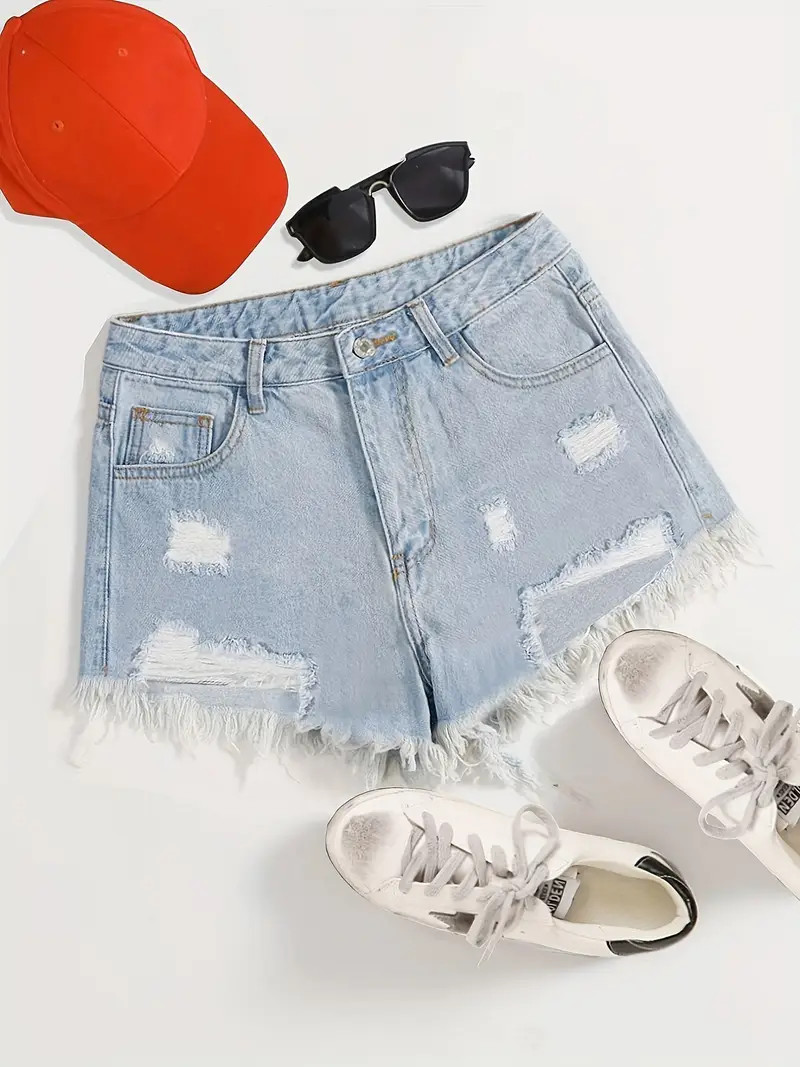 Ripped   Wash Hem High Waist Shorts Light Blue Distressed - Temu | Temu Affiliate Program