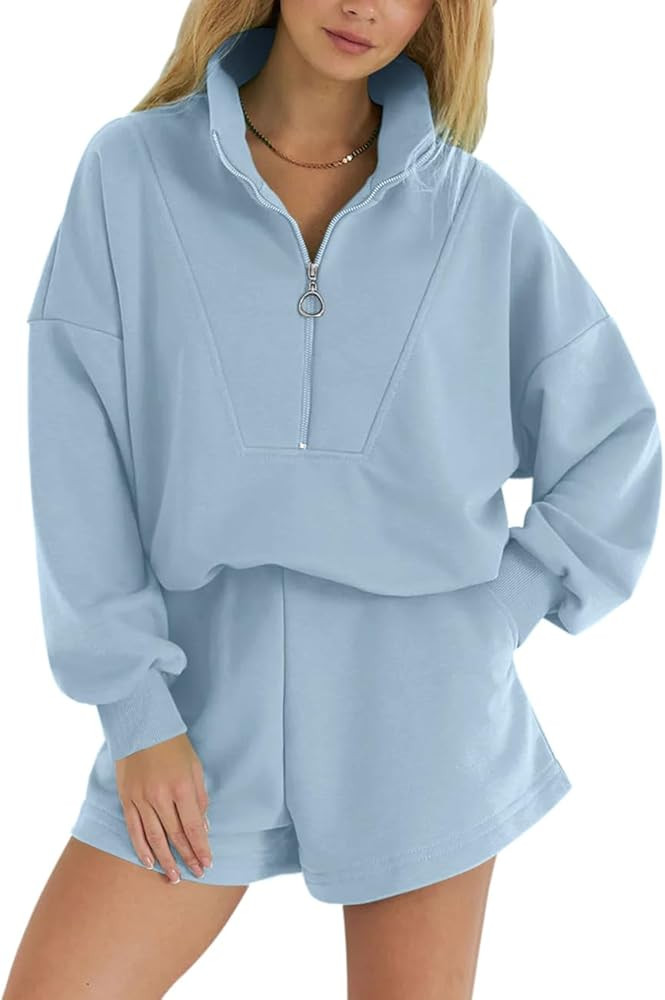 2024 2 Piece Sweatsuit Outfits For Women Half Zip Pullover Sweatshirt and Shorts Comfy Tracksuit ... | Amazon (US)