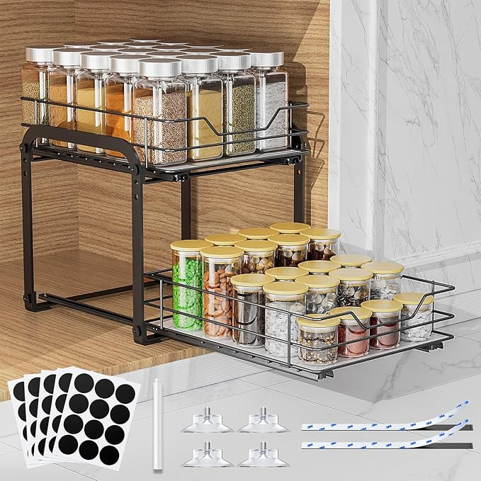 Pull Out Spice Organization for Cabinets, 2 Tier Pull Out Spice Rack, Slide Out Spice Rack Organi... | Amazon (US)