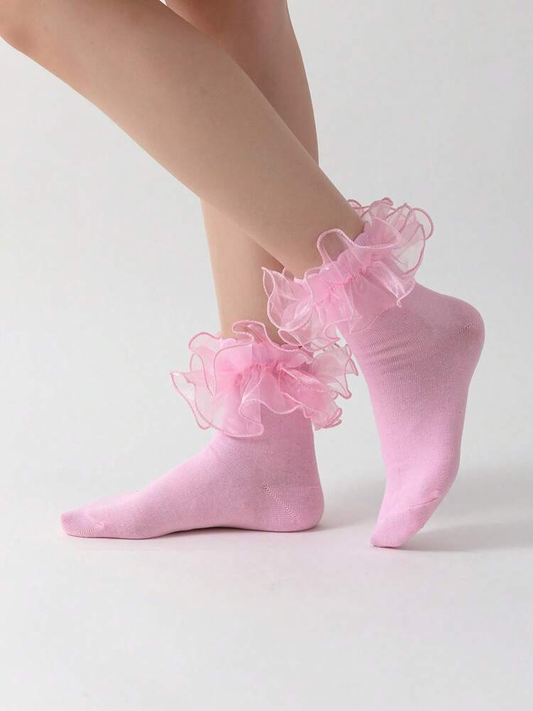 ROMWE Kawaii Women's Fashionable Mid-Calf Socks With Hollow Ruffled Design | SHEIN