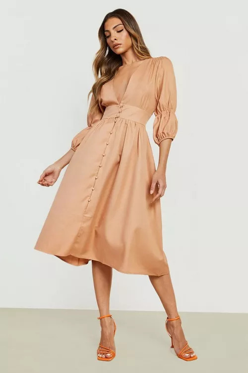 Ruched Sleeve Button Midi Dress | Boohoo.com (US & CA)