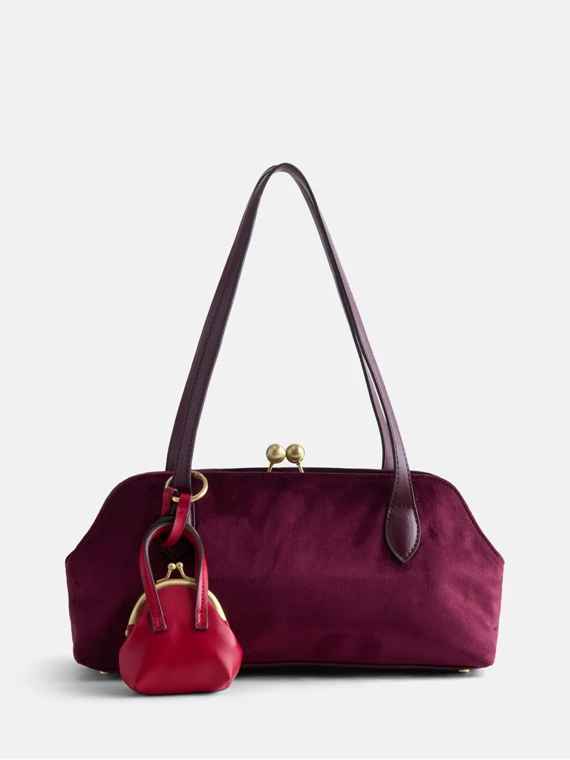 Free Assembly Women's Faux Suede Shoulder Bag with Mini Bag Charm, Deep Chianti | Walmart (US)