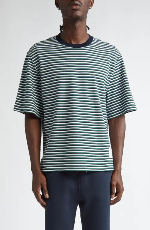 Thom Browne Oversize Stripe High-Low Hem Cotton T-Shirt in Navy/Green/White at Nordstrom, Size 4 | Nordstrom