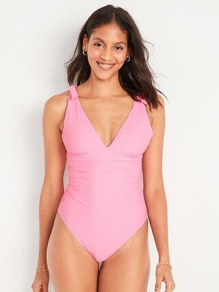 Tie-Shoulder Ruched Plunge One-Piece Swimsuit for Women | Old Navy (CA)