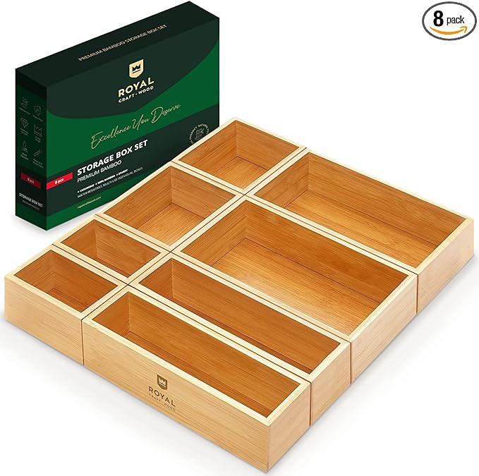 ROYAL CRAFT WOOD Luxury Bamboo Storage Box, Bin Set - Multi-Use Drawer Organizer for Kitchen, Bat... | Amazon (US)