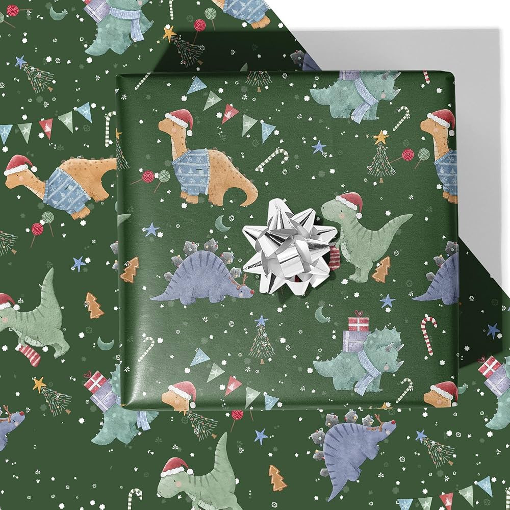 RiukRaiu Dinosaur Christmas Wrapping Paper for Kids Adults - Green Xmas Gift Wrap Santa Hat T-Rex... | Amazon (US)