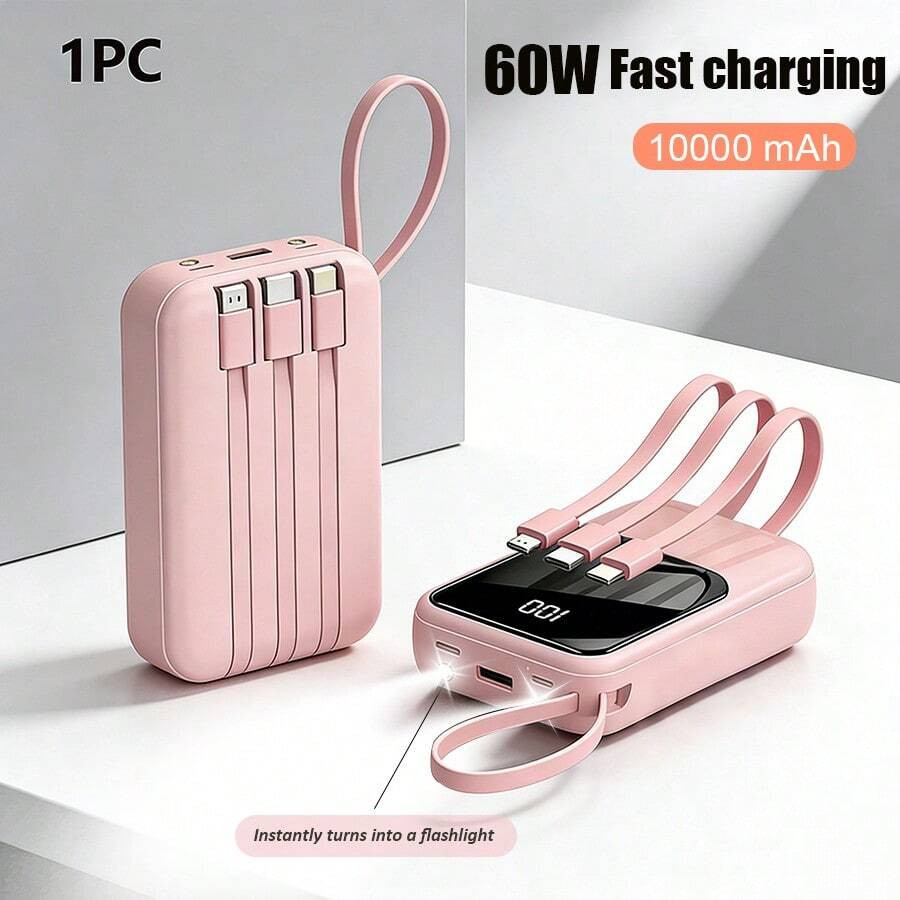 LocalGAWFOLK Pink 10000mAh Magnetic Wireless Power Bank With 3 Built-In Fast Cables & LCD Display... | SHEIN