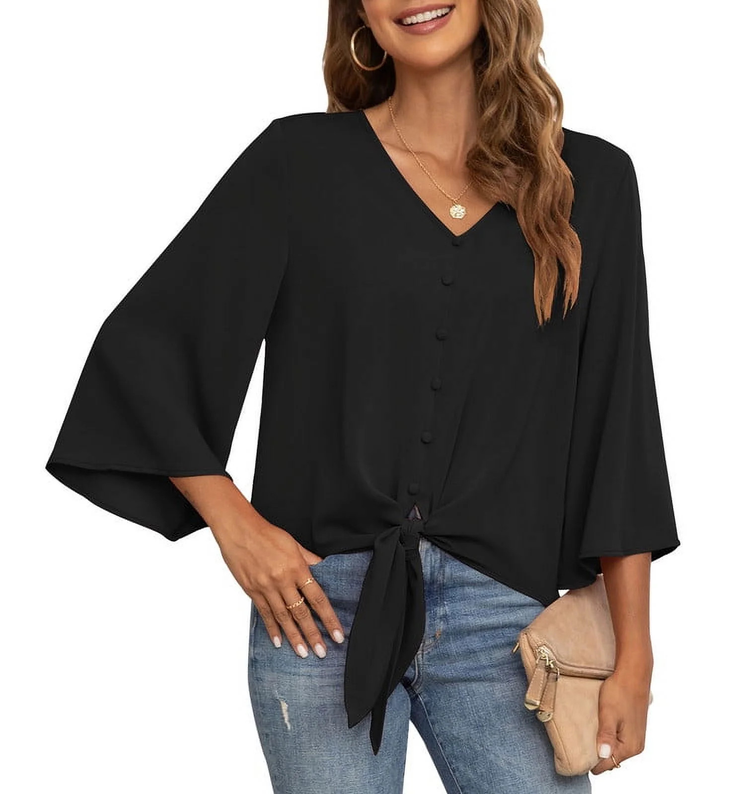 Uvplove Women's Button V Neck Chiffon Tops 3/4 Bell Sleeve Tie Knot Casual Work Blouses Cute Loos... | Walmart (US)