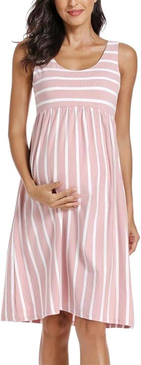 Ecavus Womens Maternity Tank Dress Stripe Color Block Sleeveless Knee Length for Baby Shower | Amazon (US)