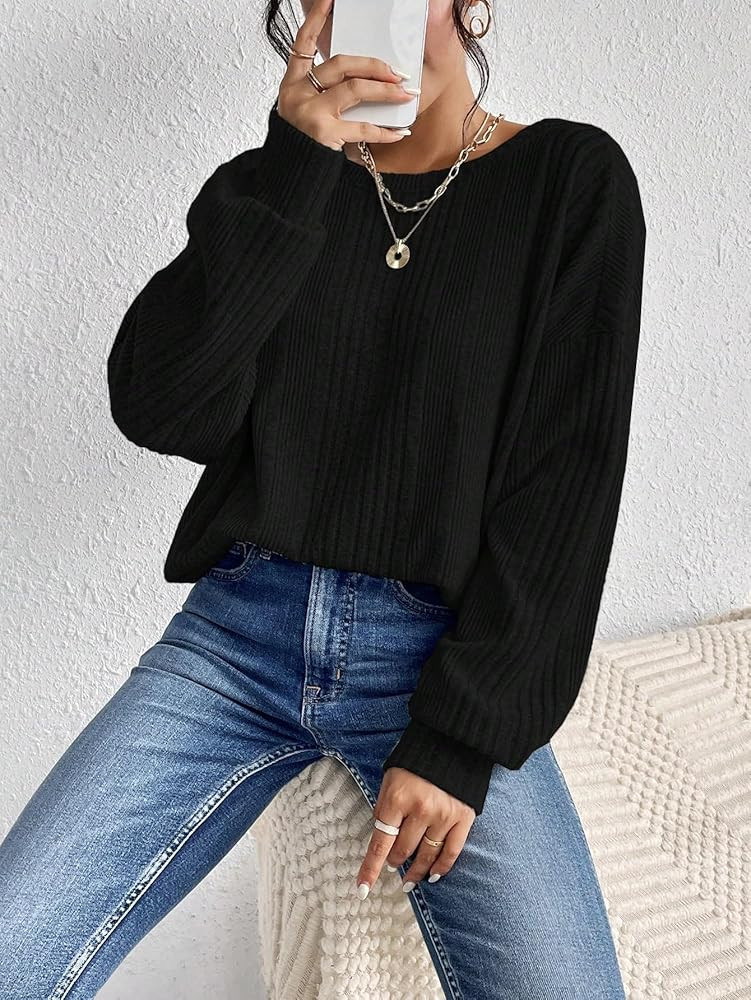 SweatyRocks Women's Criss Cross Round Neck Pullover Sweaters Long Sleeve Loose Cut Out Back Knit ... | Amazon (US)