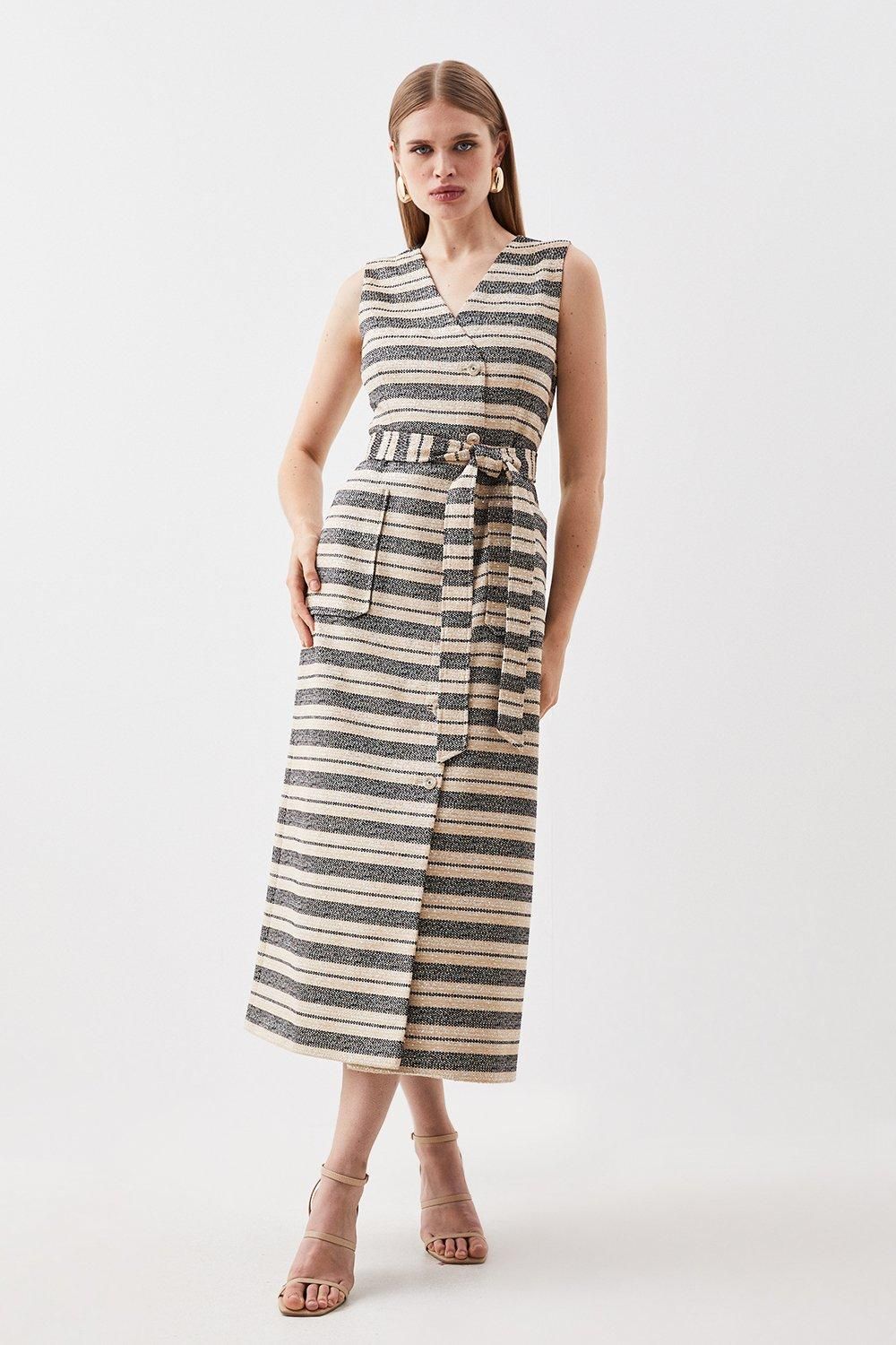 Tailored Striped Tweed Belted Sleeveless Midi Dress | Karen Millen UK + IE + DE + NL