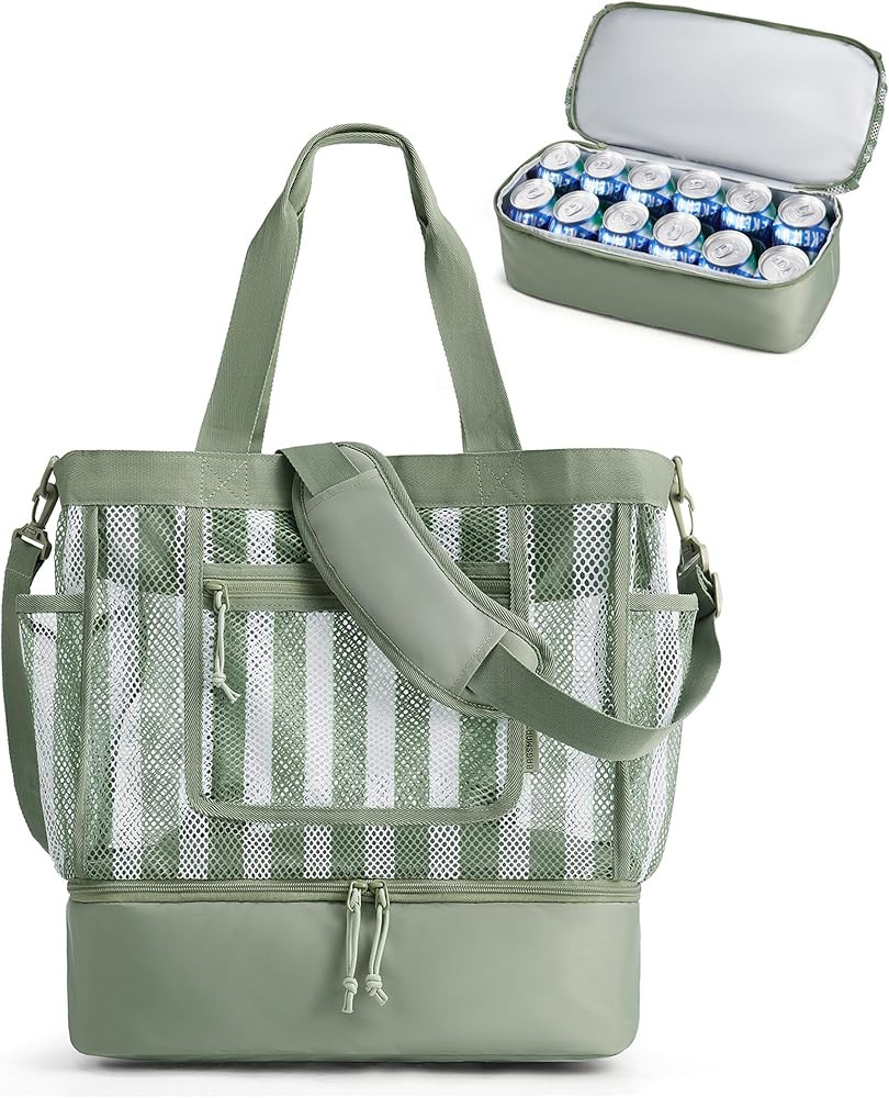BAGSMART Beach Bag for Women, Mesh Tote Bags with Zipper, Sandproof Vacation Essentials with Cool... | Amazon (US)