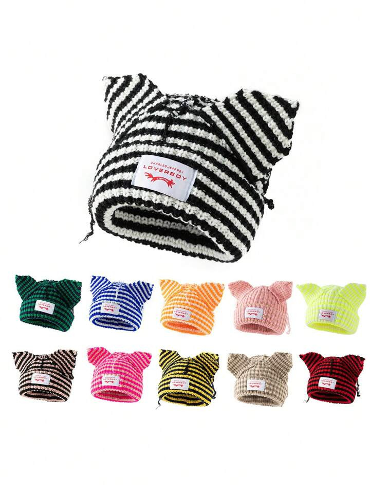 1pc Ladies' Fashionable Striped Ear Design Distressed Knit Hat Woolen Cap Suitable For Warmth And... | SHEIN