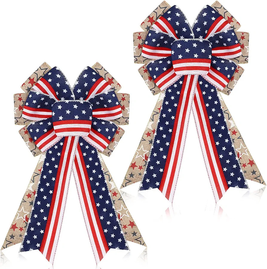 2 Pcs Patriotic Bow Red White Blue Star Burlap Bow Wreath Bow 4th of July American Flag Wreath Bo... | Amazon (US)