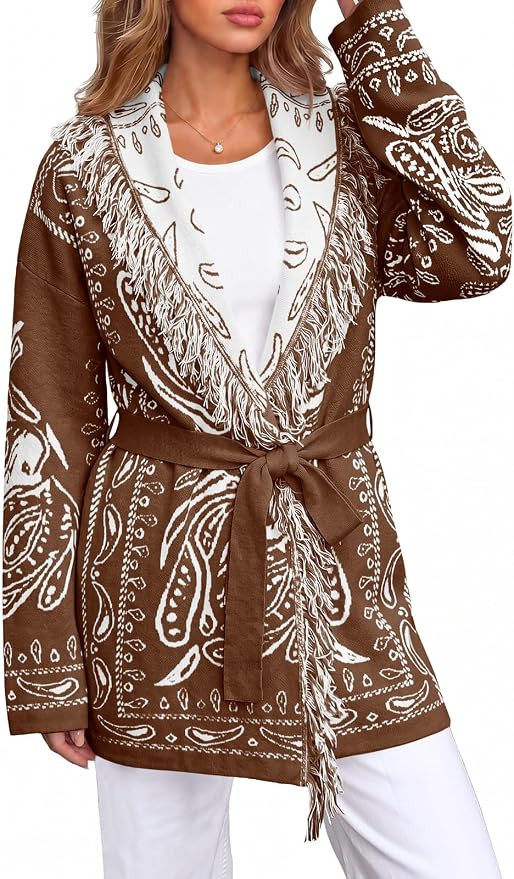Saodimallsu Womens Fall Tassel Shawl Collar Cardigan Paisley Wrap Sweaters | Amazon (US)