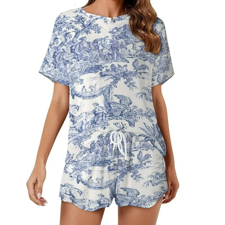 Blue Toile De Jouy Women's Loungewear Set 2 Piece Casual Shorts Short Sleeve Pajama Set Sweatsuit... | Walmart (US)